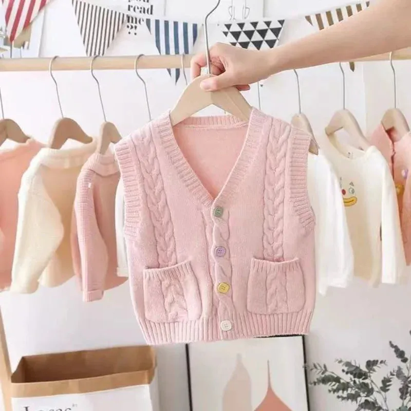 Baby Girls Knitted Vests Sleeveless Pullovers Tops Toddler Soft Cotton Waistcoats Warm Sweaters Woolen Newborn Clothes GY03093