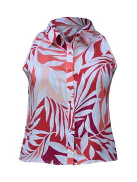 Berrylush Curve Women Multicolour Floral Printed Spread Collar Neck Sleeveless Front Button Curved Hem Regular Shirt