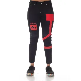 Black Jeans With Distress on Knees & Red Strap