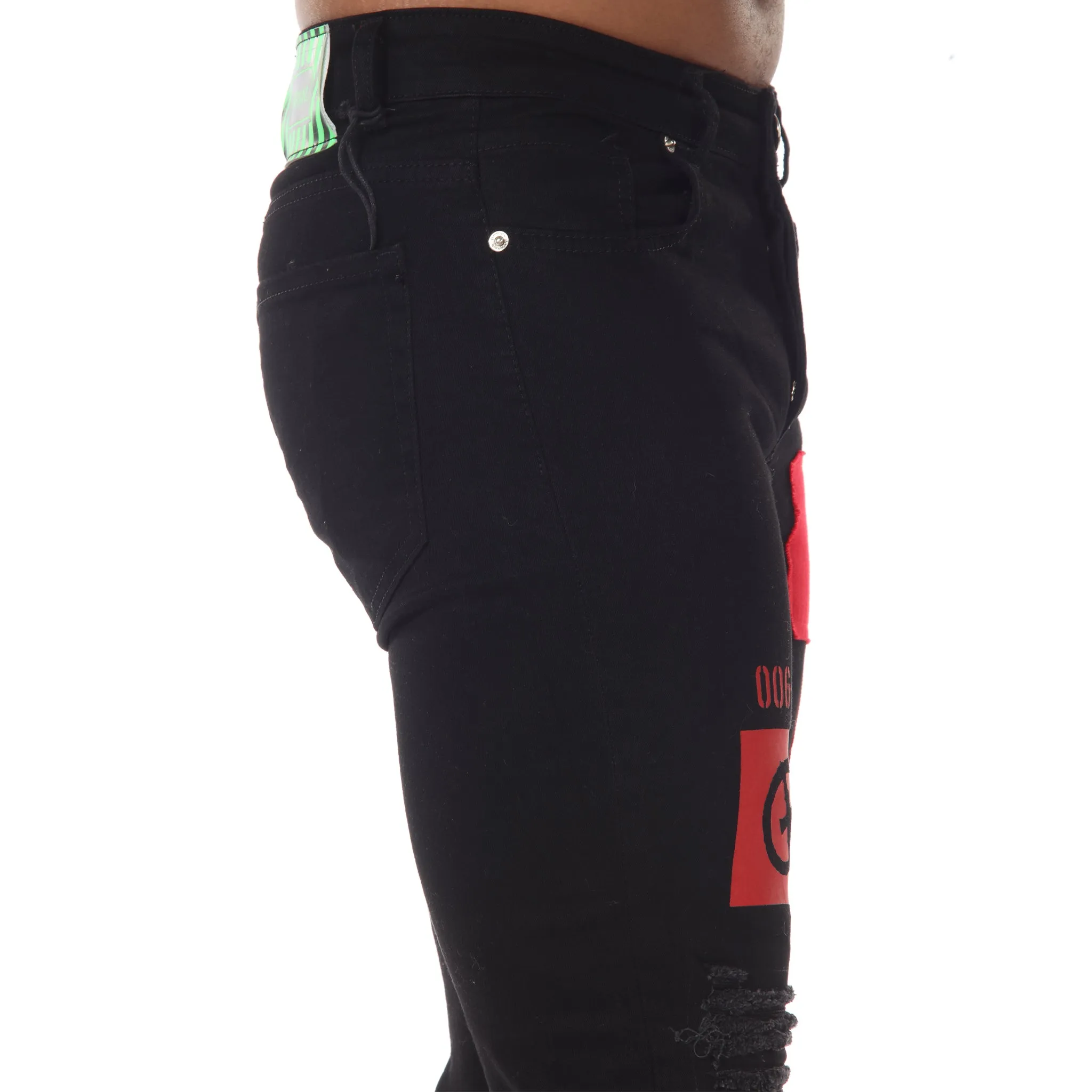 Black Jeans With Distress on Knees & Red Strap
