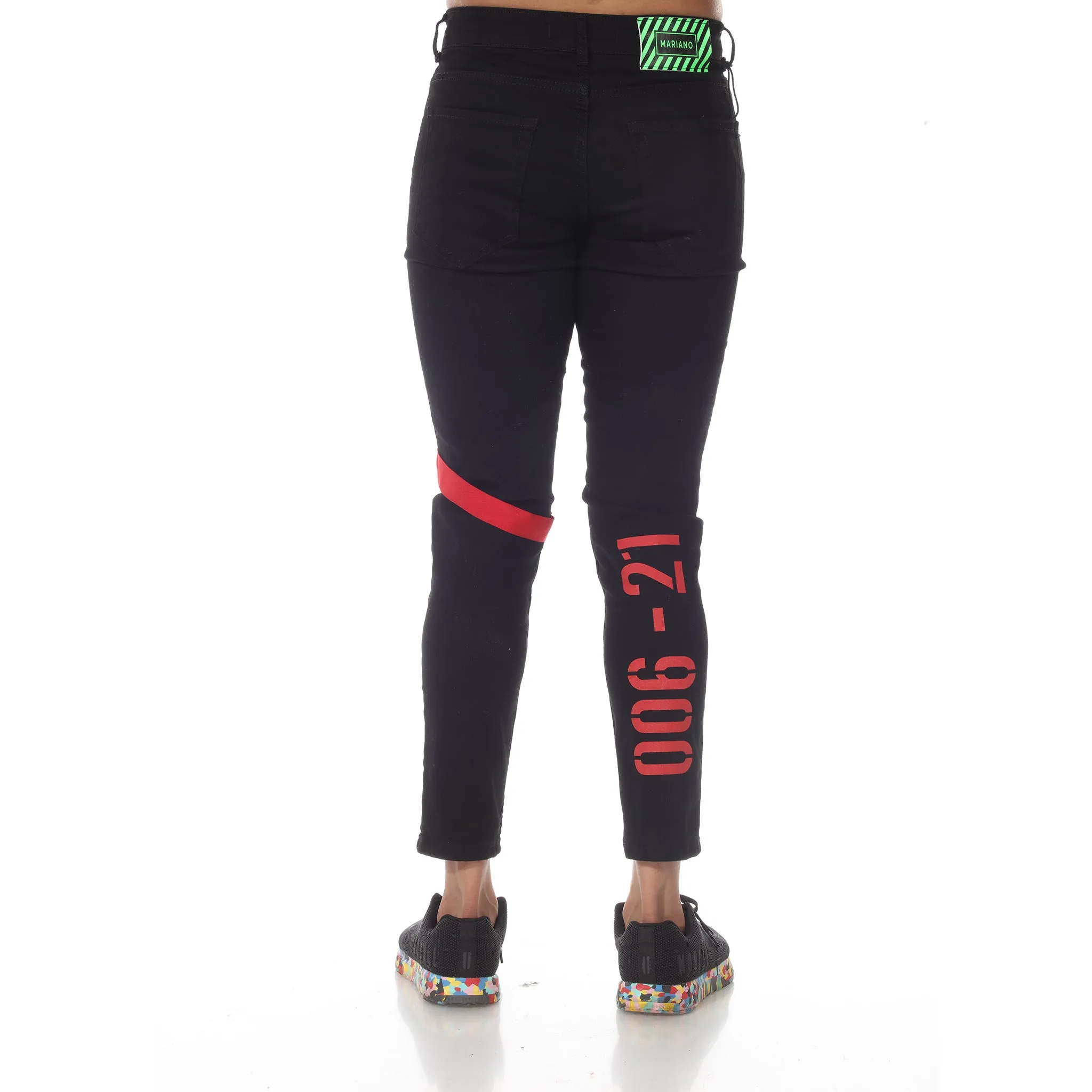 Black Jeans With Distress on Knees & Red Strap