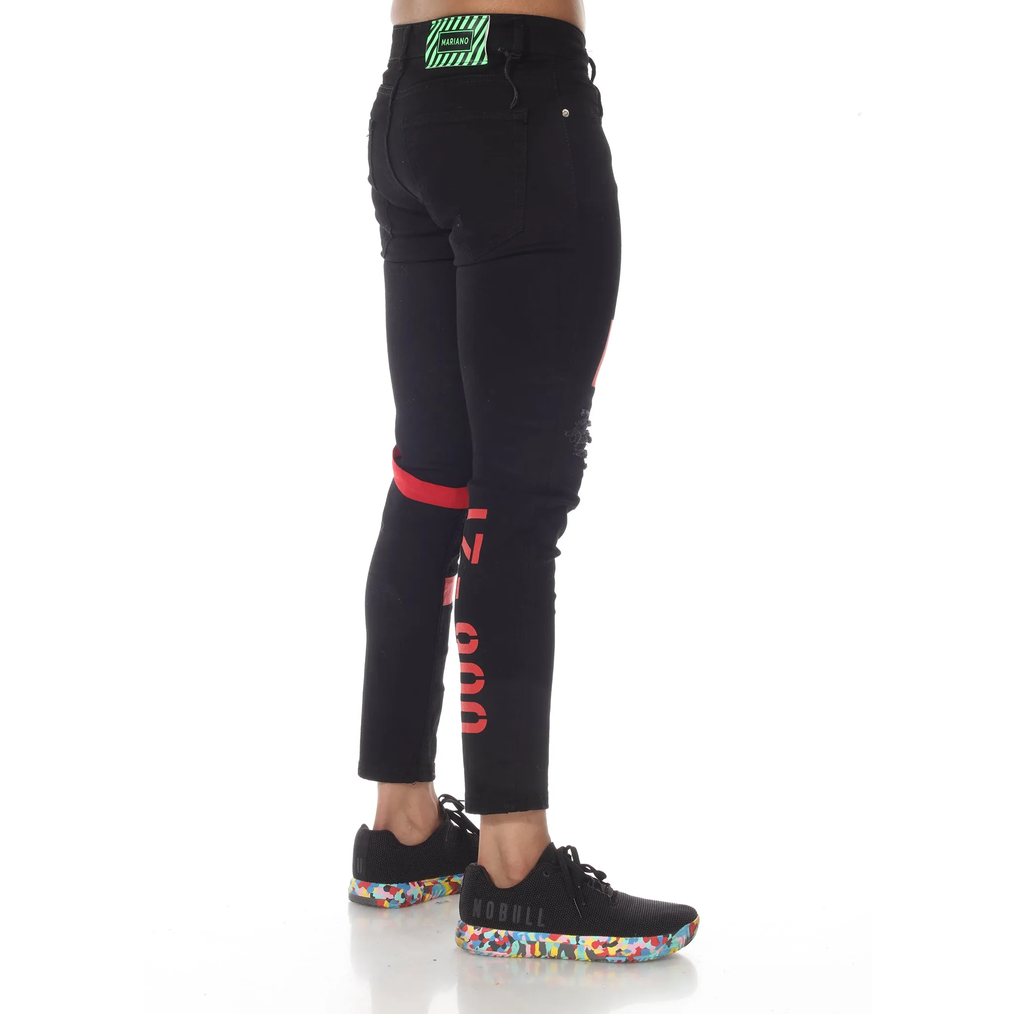 Black Jeans With Distress on Knees & Red Strap
