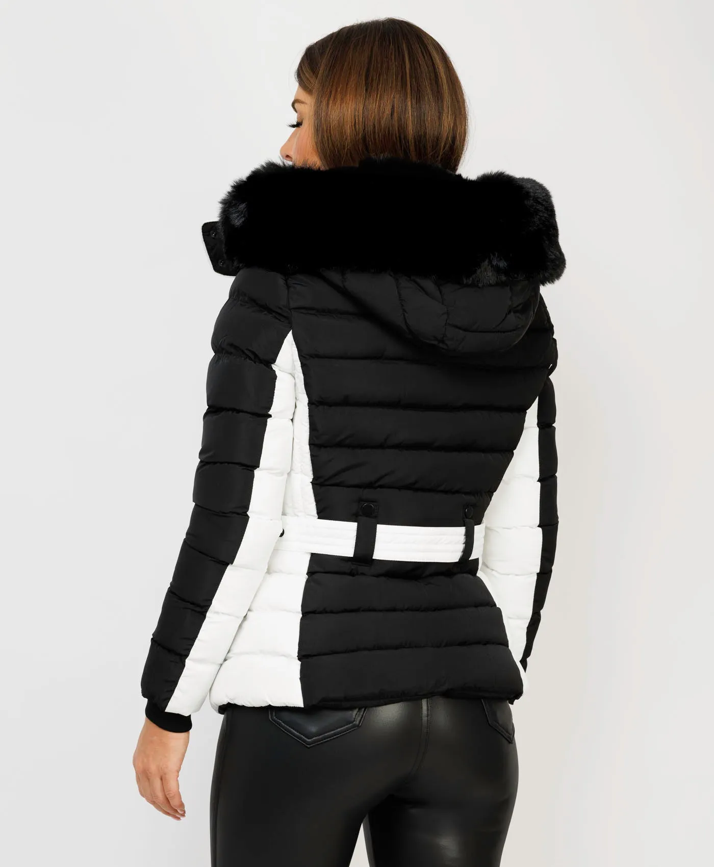 Black White Contrast Padded Fur Hood Puffer Jacket