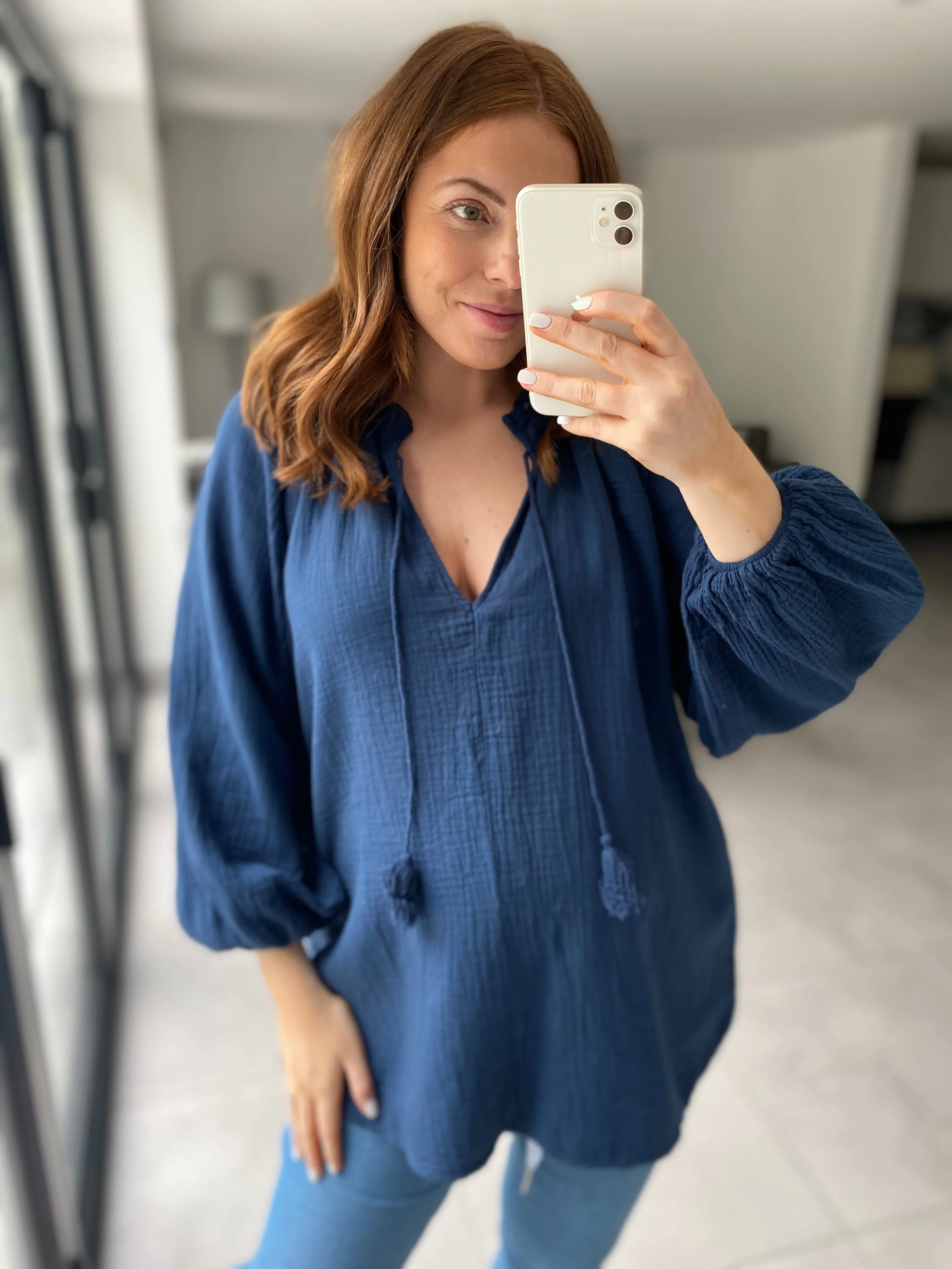 Bonnie Cheesecloth Top  - Navy