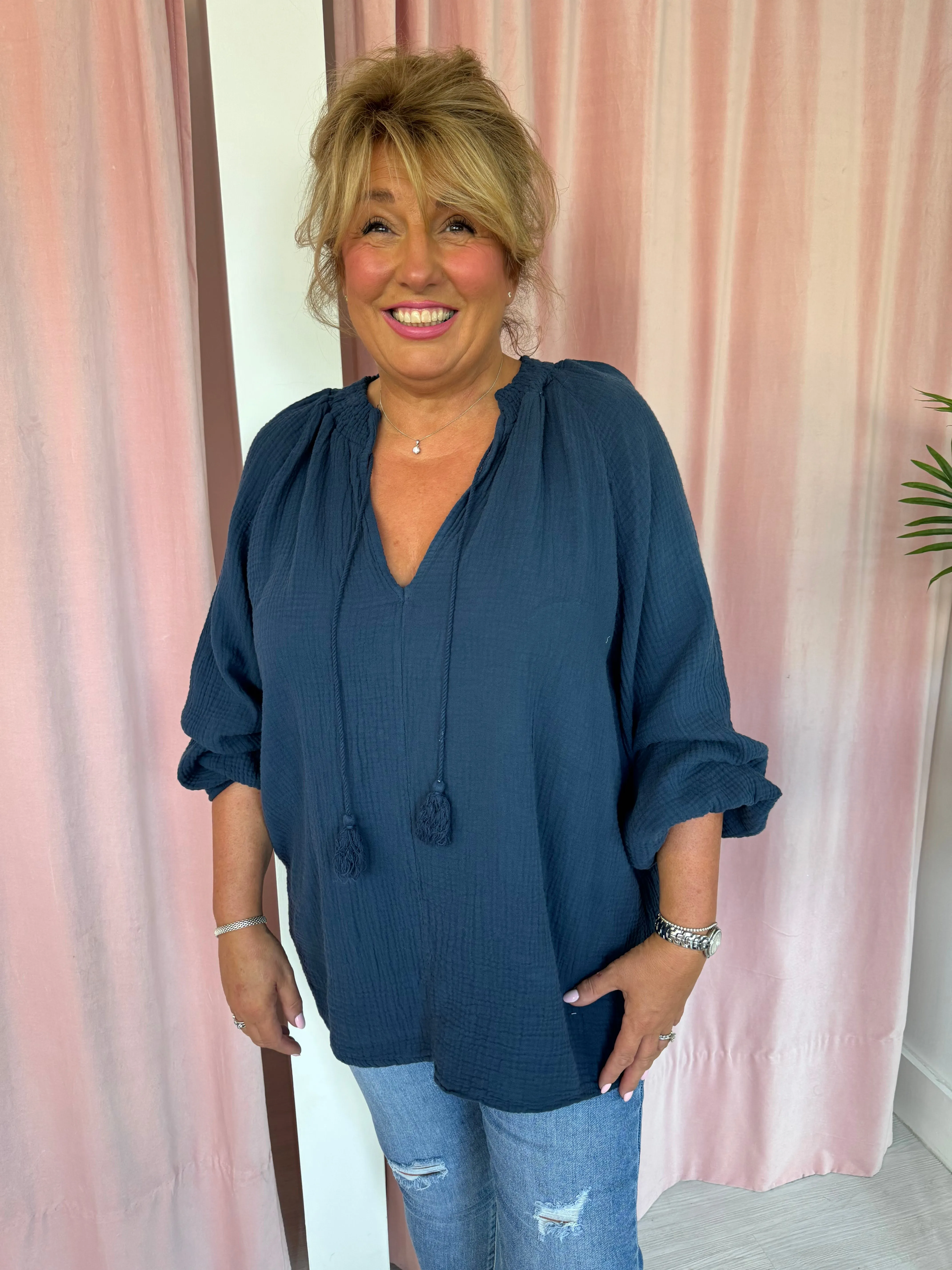 Bonnie Cheesecloth Top  - Navy