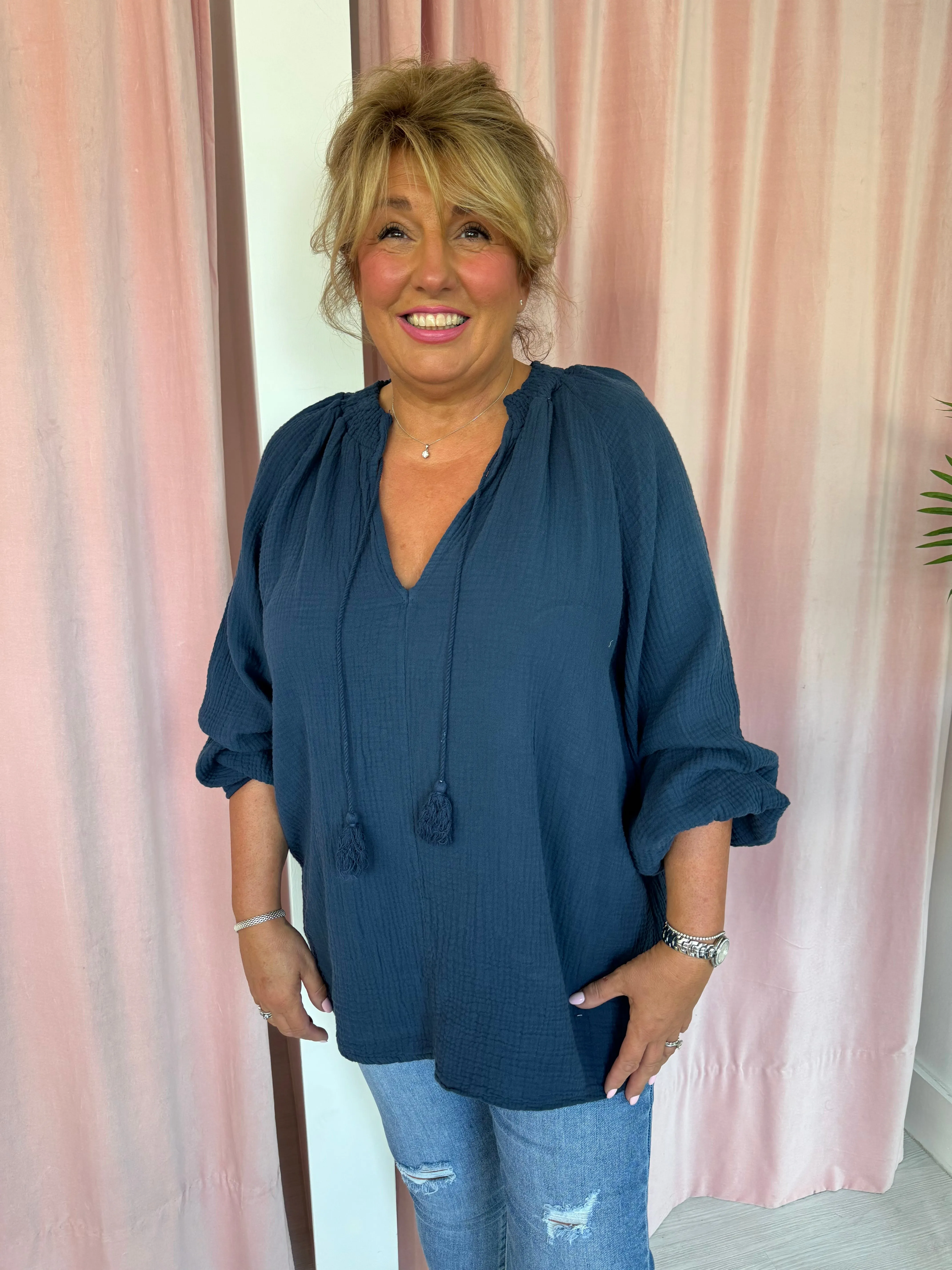 Bonnie Cheesecloth Top  - Navy
