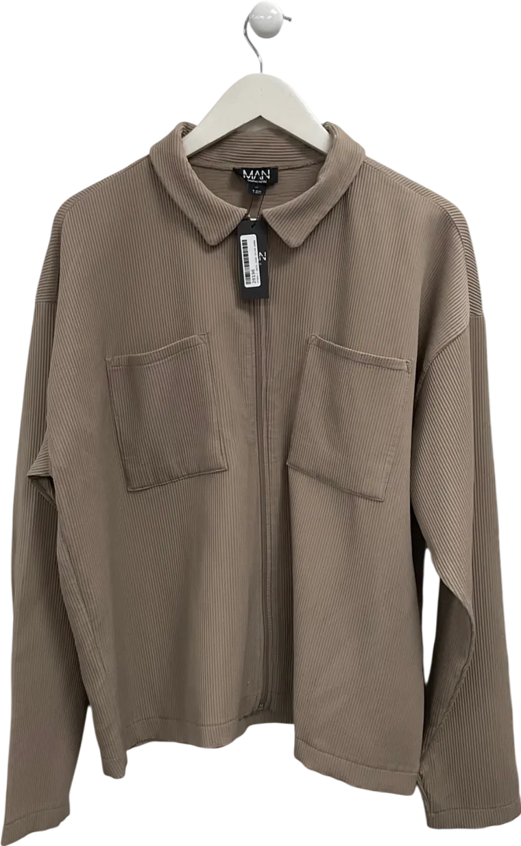 boohooMan Brown Pleated Boxy Zip Through Collared Shirt UK M