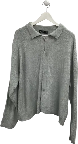 boohooMan Grey Brushed Knit Button Down Collared Shirt UK M