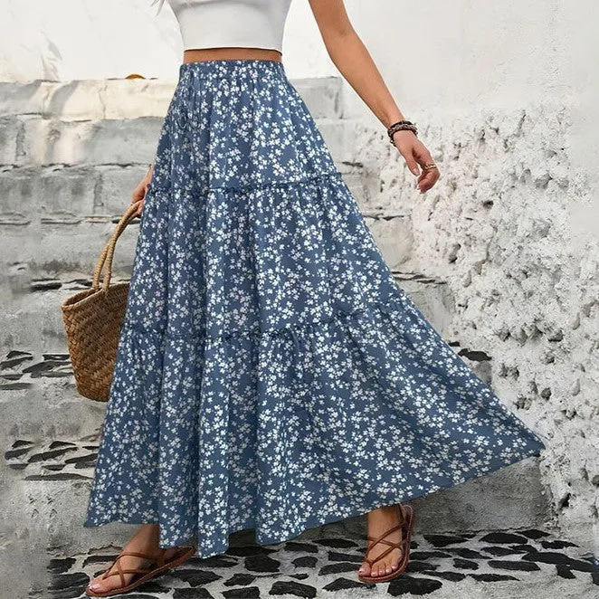 Dance With Me Blue Floral Maxi A-Line Skirt (Size XL)