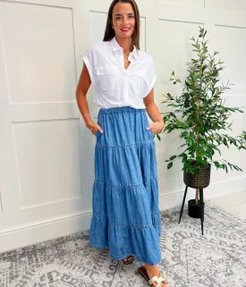Denim Tiered Midi Skirt