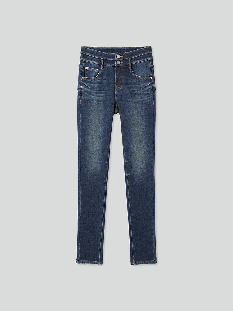 Double Buttons Jeans In Dark Blue