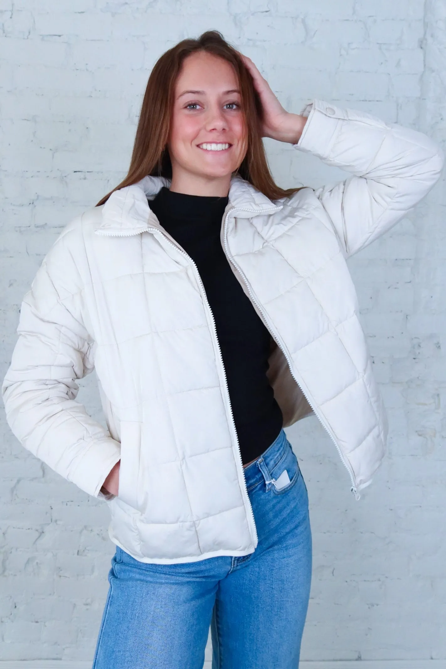 Ecru Zip Up Puffer Padded Jacket