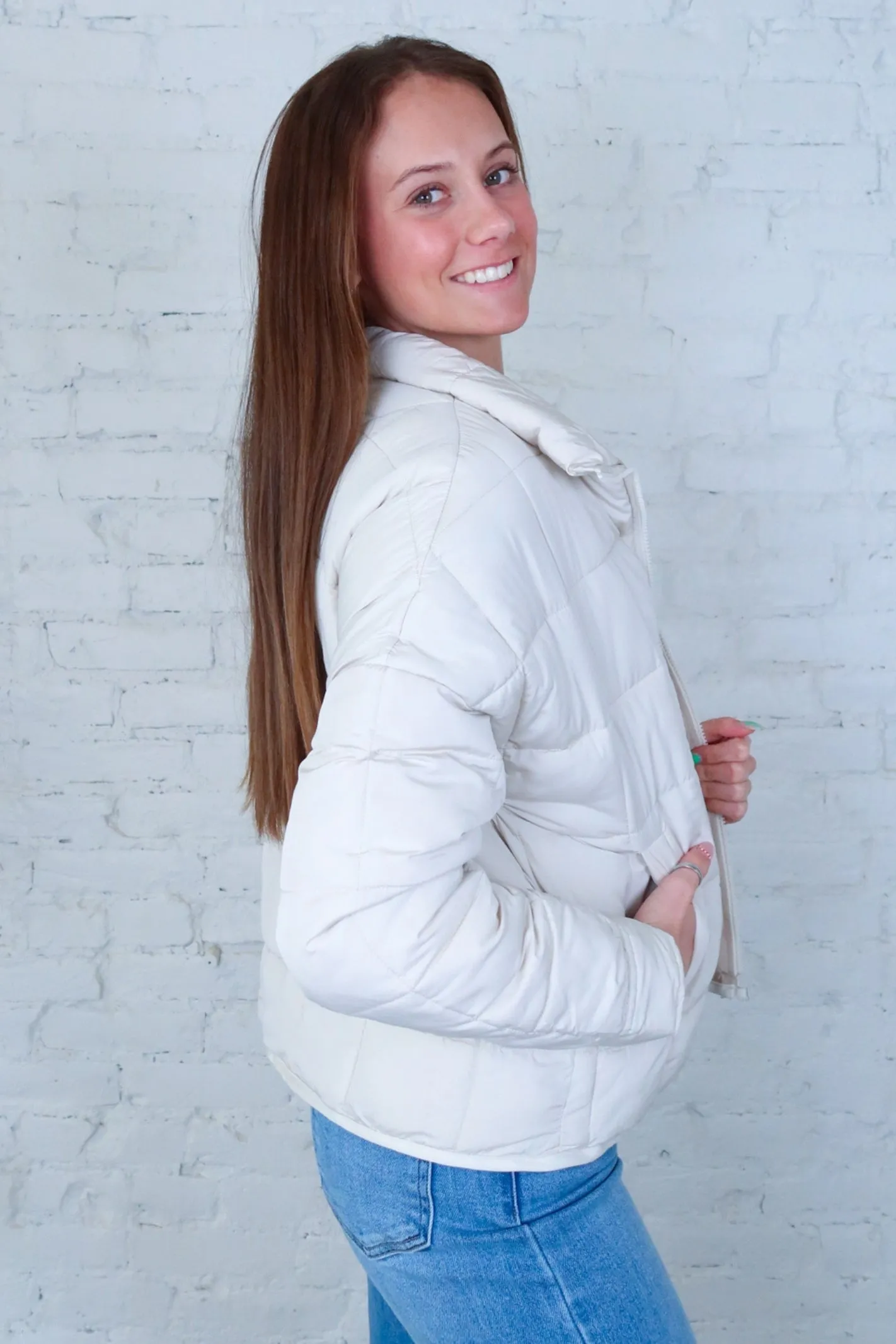 Ecru Zip Up Puffer Padded Jacket