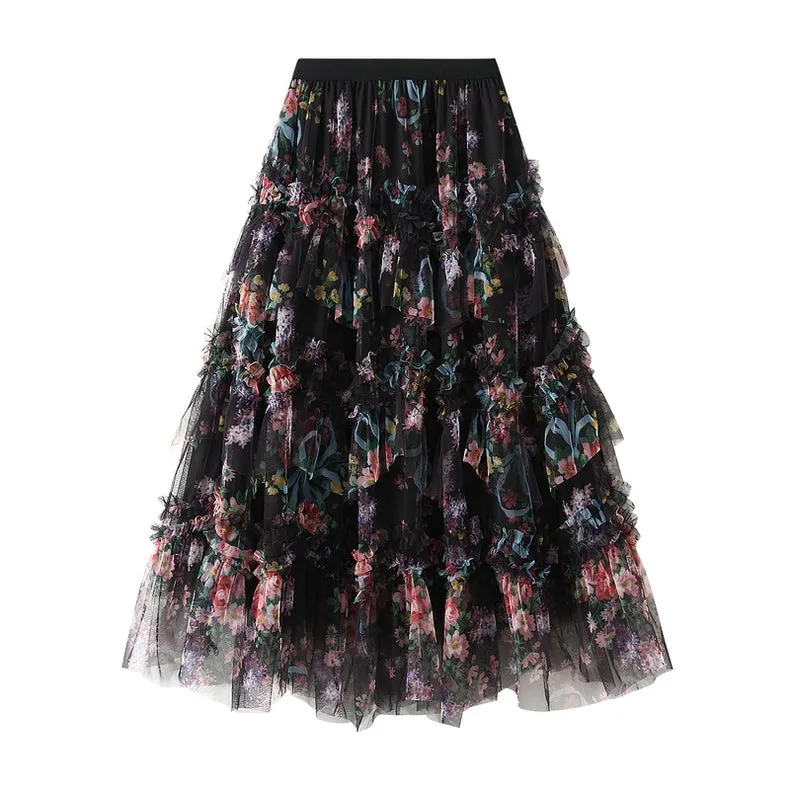 Floral Tiered Midi Tulle Skirt Black