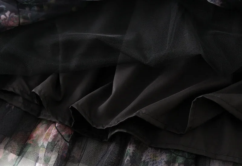 Floral Tiered Midi Tulle Skirt Black