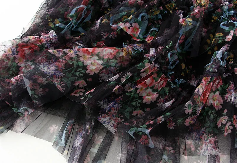 Floral Tiered Midi Tulle Skirt Black