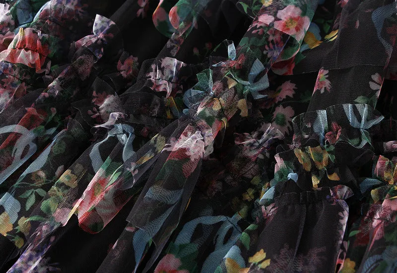 Floral Tiered Midi Tulle Skirt Black