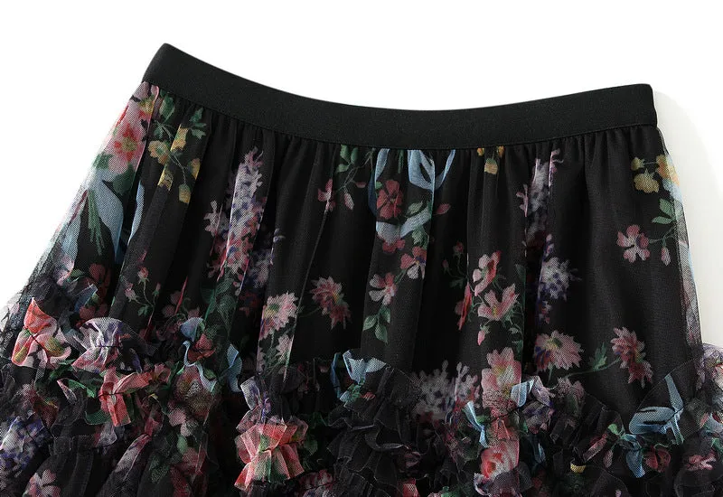 Floral Tiered Midi Tulle Skirt Black