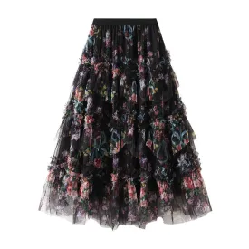 Floral Tiered Midi Tulle Skirt Black