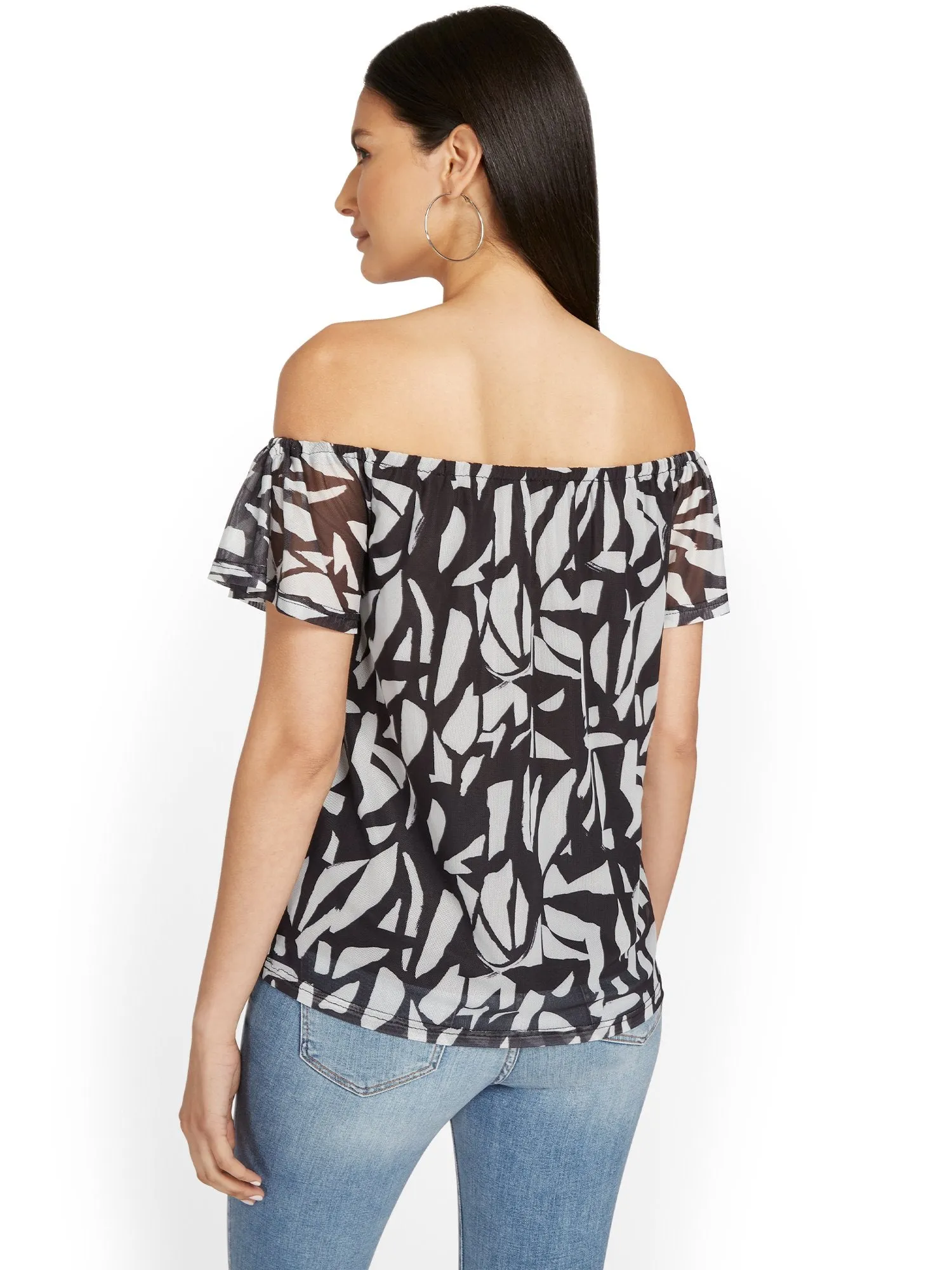 Geometric-Print Off-The-Shoulder Mesh Top