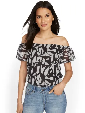 Geometric-Print Off-The-Shoulder Mesh Top