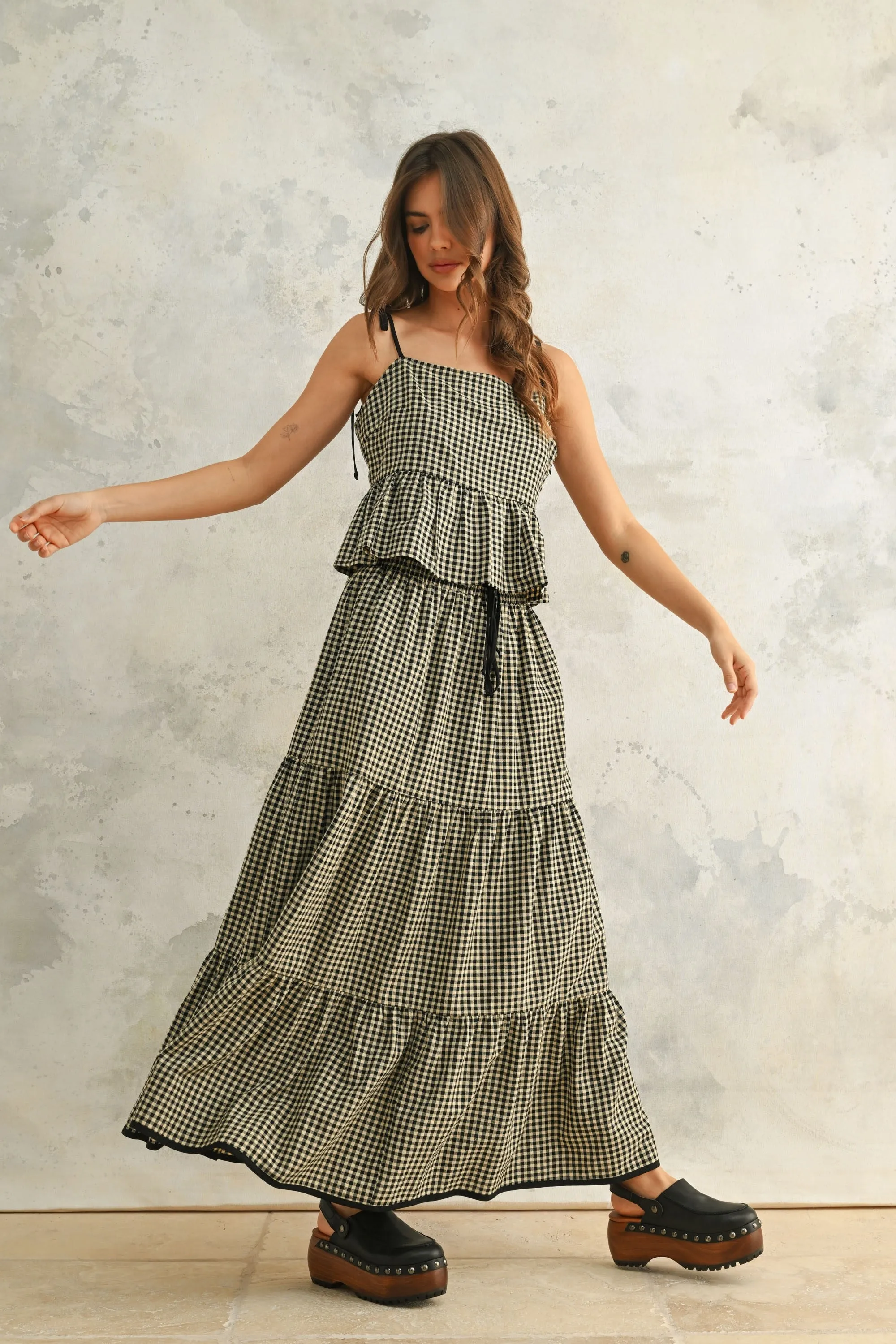 Gingham Pattern Tiered Skirt