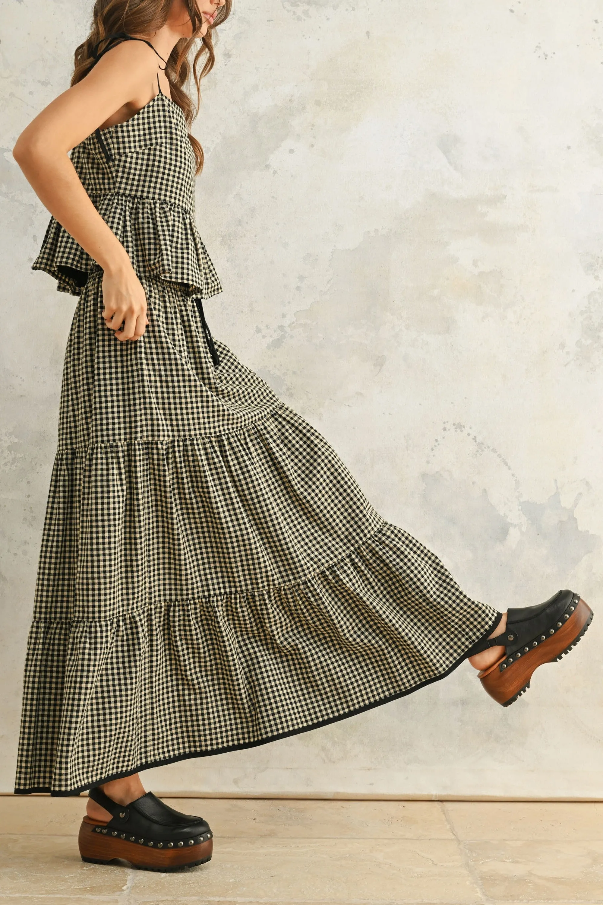 Gingham Pattern Tiered Skirt
