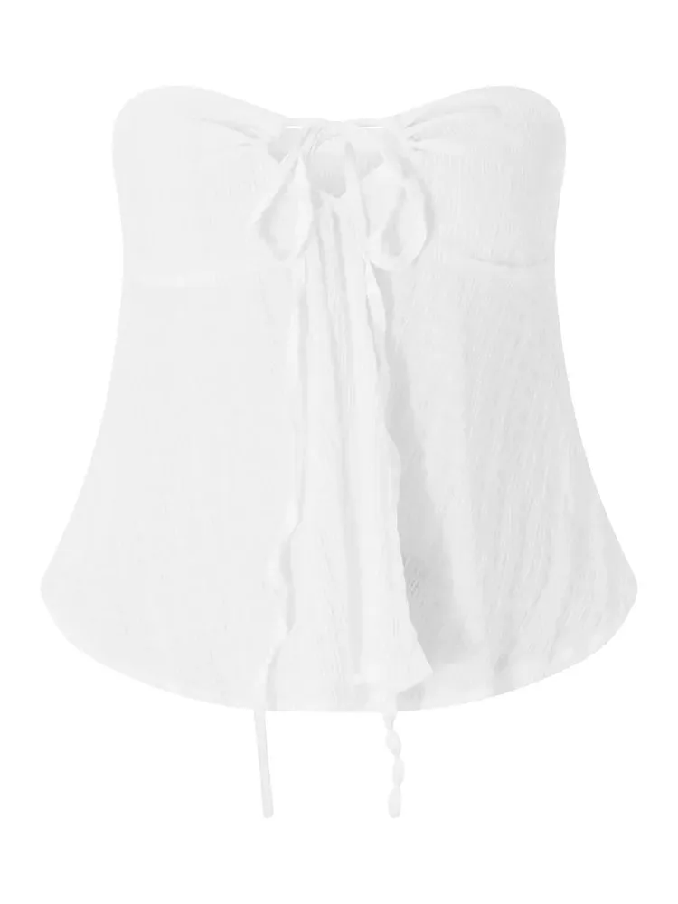 Lady Glams Strapless Off Shoulder Ruched Tube Tops for Women 2024 Front Tie-Up Ruffles Summer Party Clubwear Tank Mini Vest New