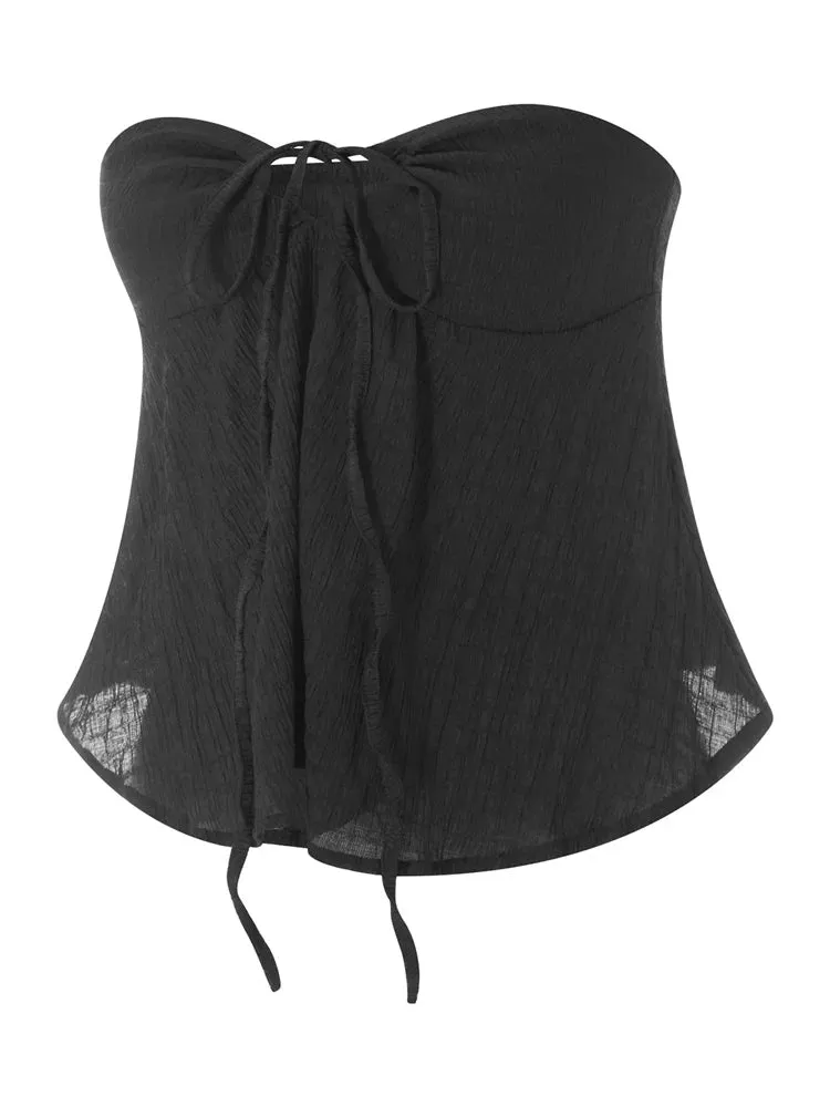 Lady Glams Strapless Off Shoulder Ruched Tube Tops for Women 2024 Front Tie-Up Ruffles Summer Party Clubwear Tank Mini Vest New