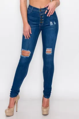 LO-166 Exposed buttons high waist ripped knee skinny jeans