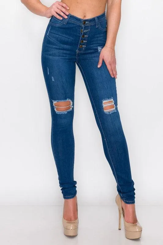 LO-166 Exposed buttons high waist ripped knee skinny jeans