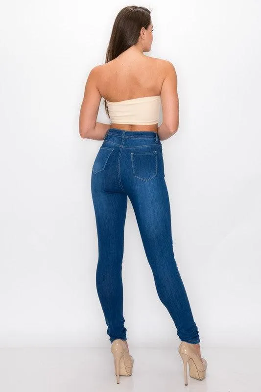 LO-166 Exposed buttons high waist ripped knee skinny jeans