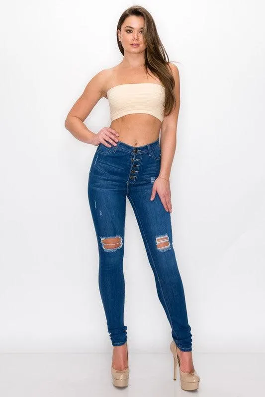 LO-166 Exposed buttons high waist ripped knee skinny jeans