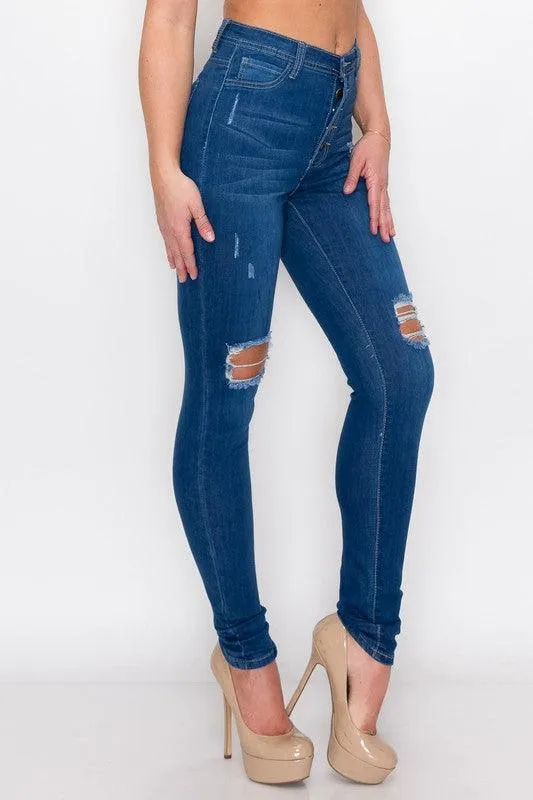 LO-166 Exposed buttons high waist ripped knee skinny jeans