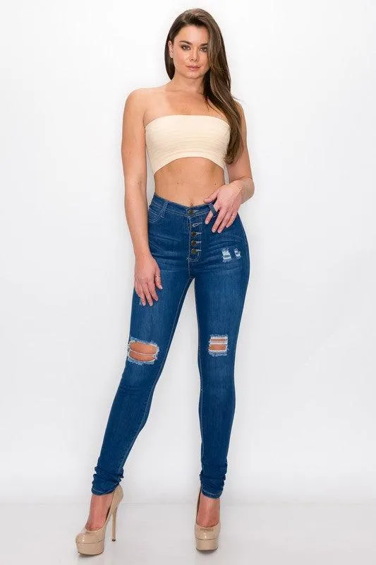 LO-166 Exposed buttons high waist ripped knee skinny jeans