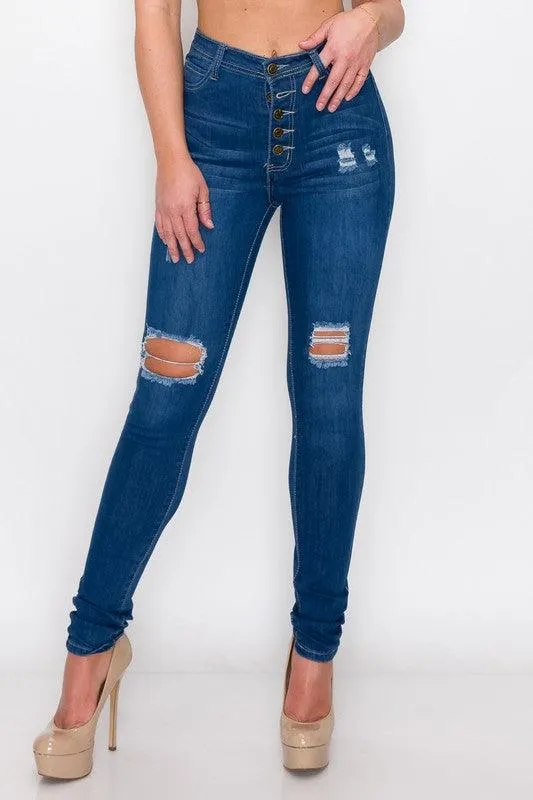 LO-166 Exposed buttons high waist ripped knee skinny jeans