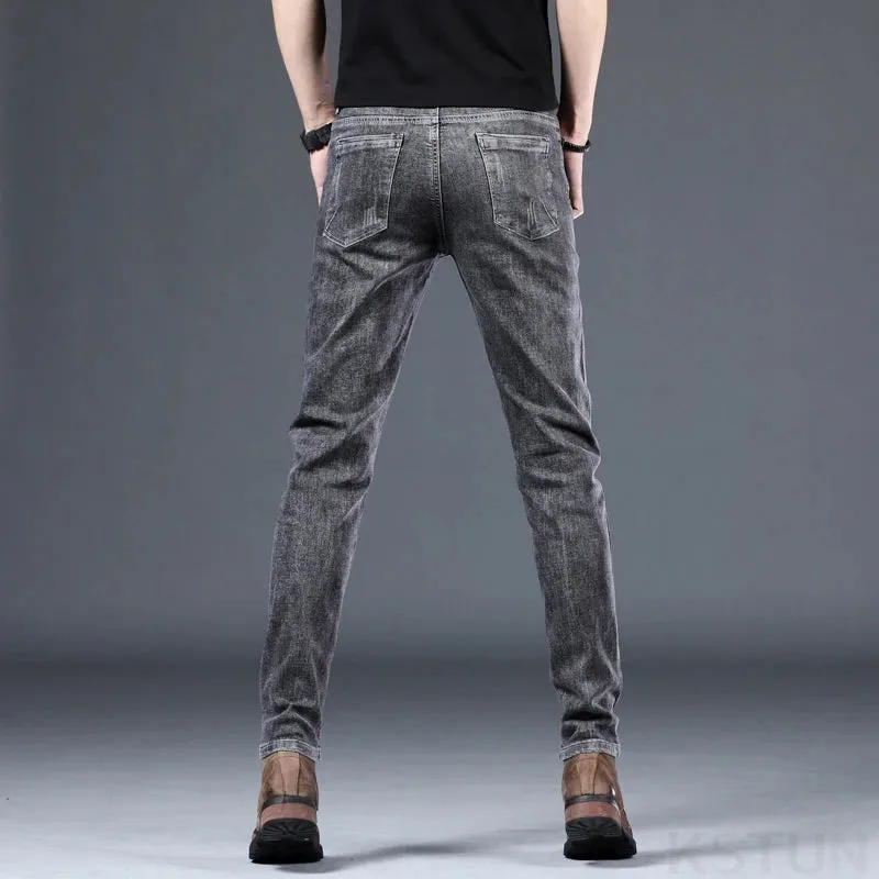 Mens Jeans Skinny Fitness Gray Blue Black Stretch Fashion Desinger Trendy Pencil Pants Denim Trousers Cowboys Men's Clothing