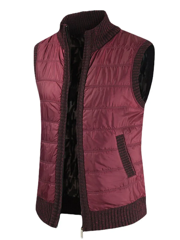 Men's Solid Color Sleeveless Woolen Vests with Warm Lining and Slant Pockets