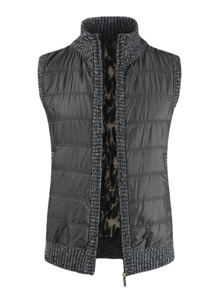 Men's Solid Color Sleeveless Woolen Vests with Warm Lining and Slant Pockets