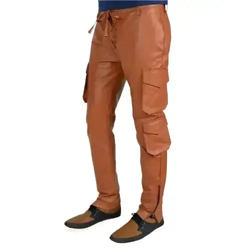 Men's Tan Cargo Style Leather Pant - Stylish & Functional