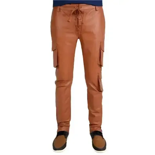Men's Tan Cargo Style Leather Pant - Stylish & Functional