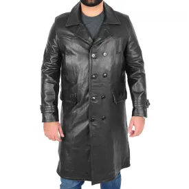 Men’s Trench Real Leather Coat 3/4 Long Overcoat Black Torald
