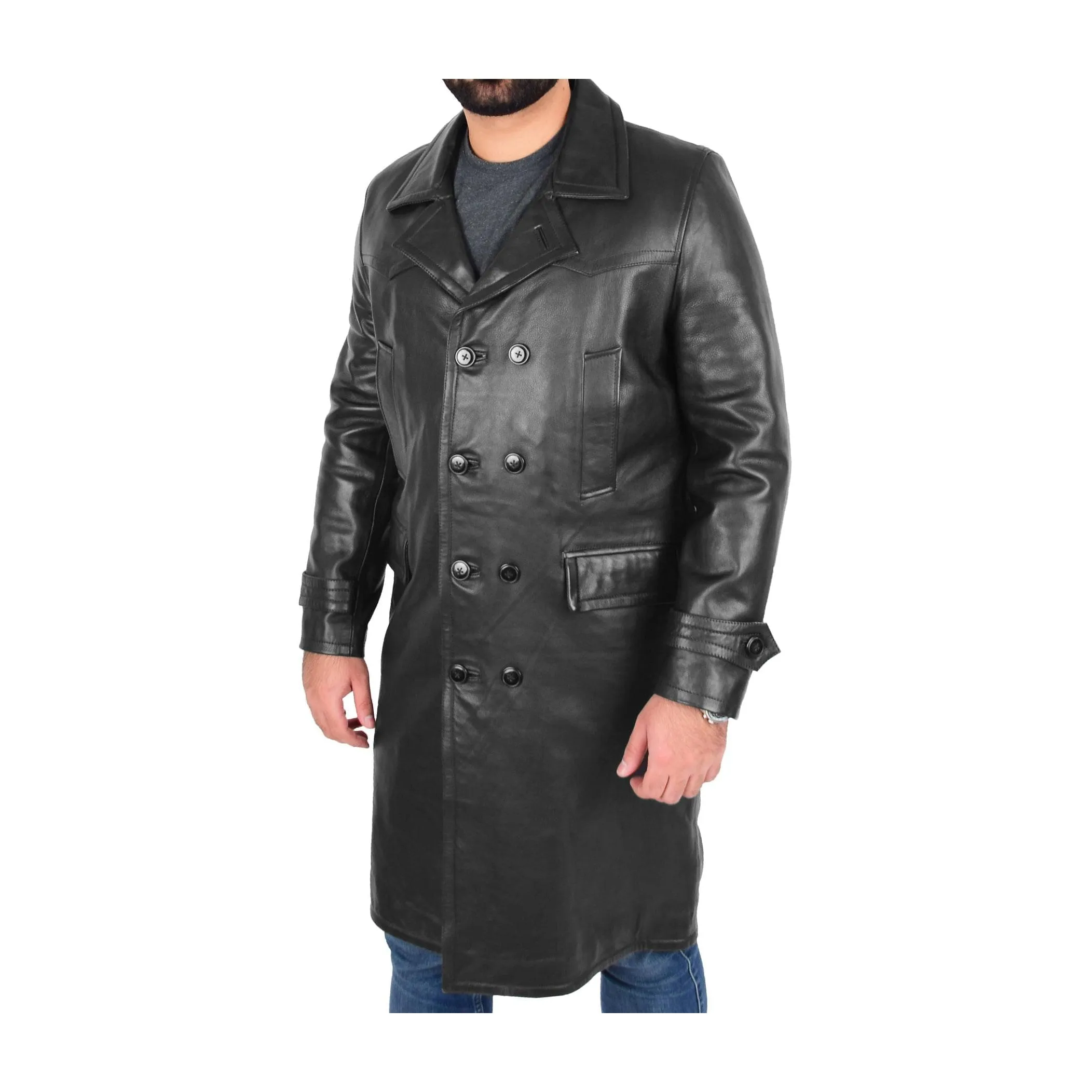 Men’s Trench Real Leather Coat 3/4 Long Overcoat Black Torald