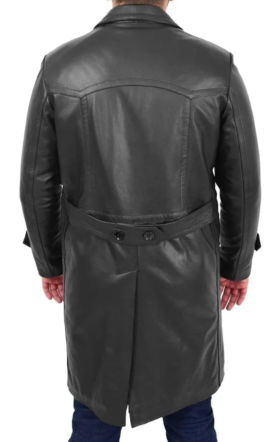 Men’s Trench Real Leather Coat 3/4 Long Overcoat Black Torald
