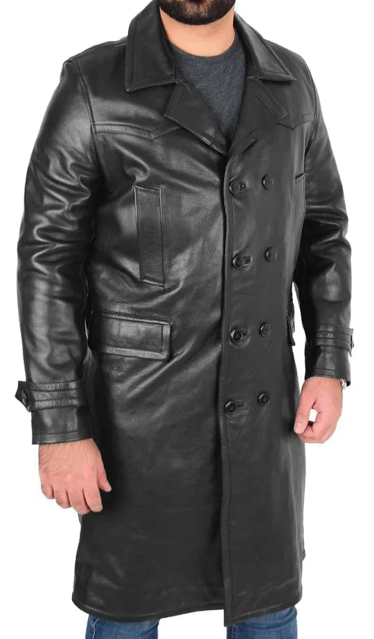 Men’s Trench Real Leather Coat 3/4 Long Overcoat Black Torald