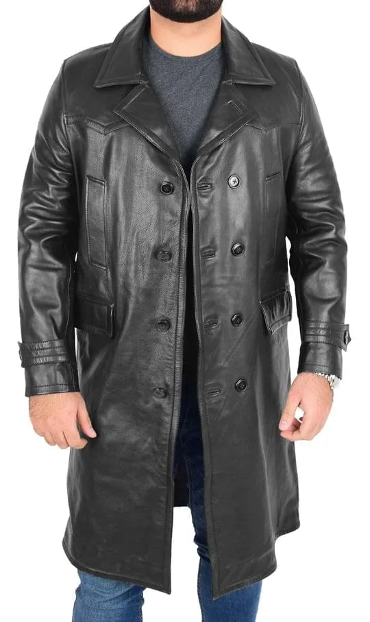 Men’s Trench Real Leather Coat 3/4 Long Overcoat Black Torald