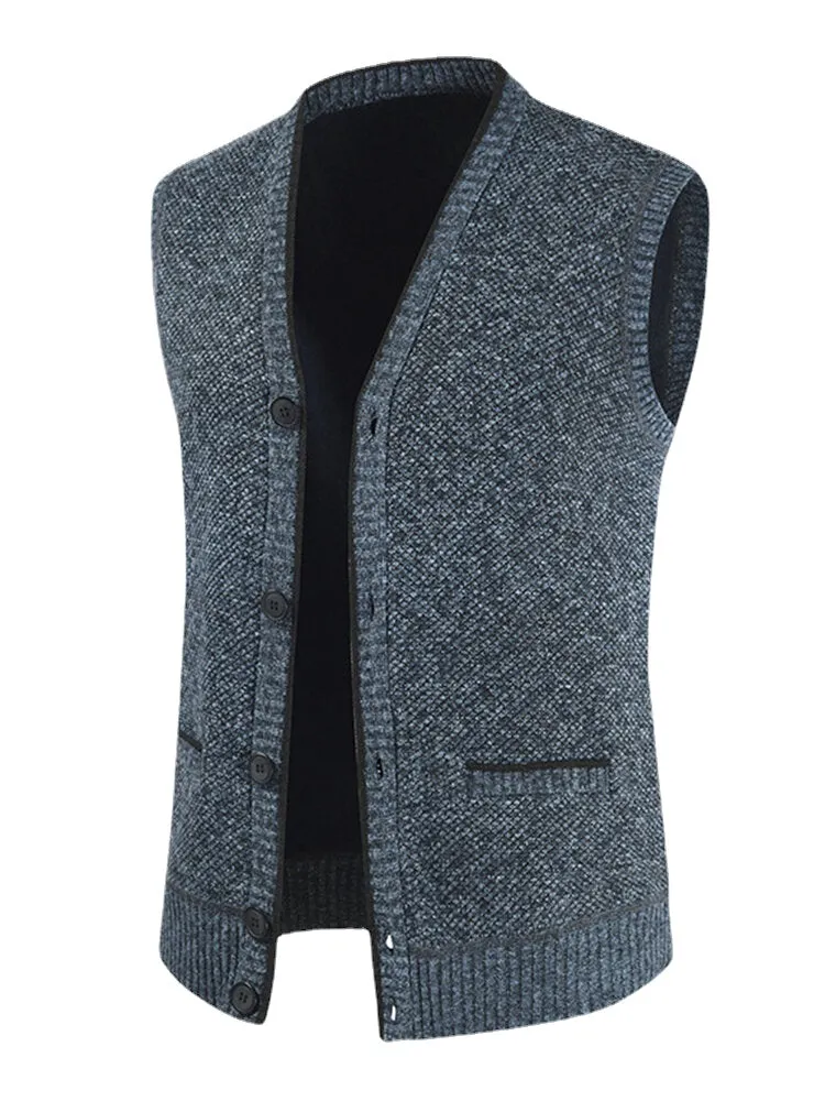 Men's Woolen V-Neck Sleeveless Button-Up Warm Vest with Pocket