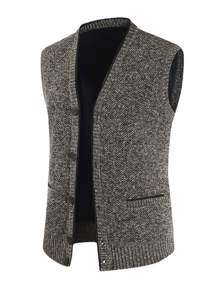 Men's Woolen V-Neck Sleeveless Button-Up Warm Vest with Pocket