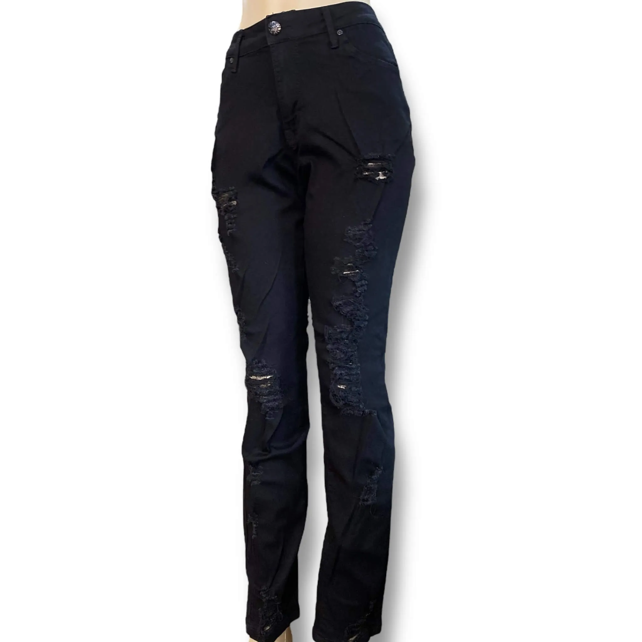 Plus Size Mid Rise Black Ripped Skinny Jeans