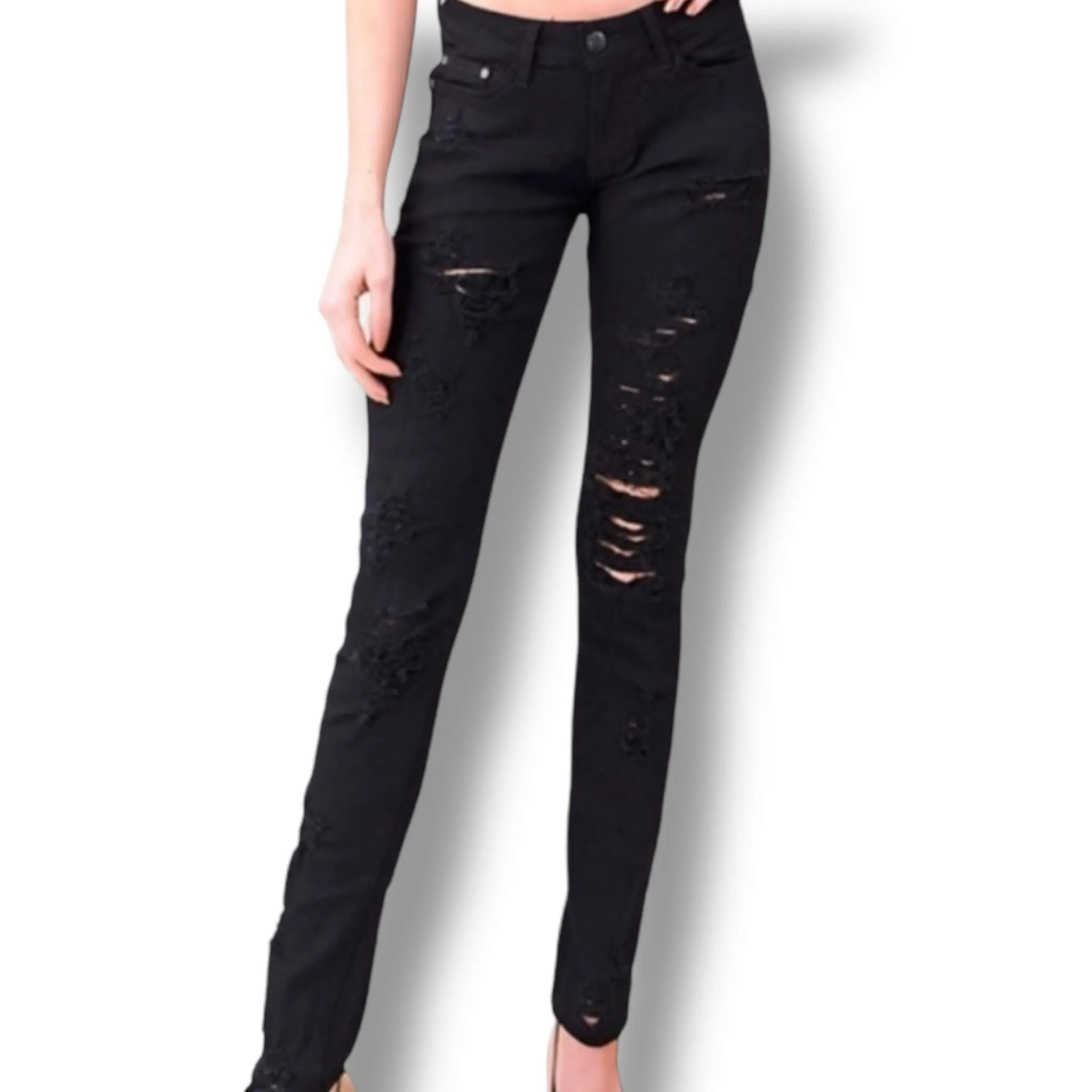 Plus Size Mid Rise Black Ripped Skinny Jeans